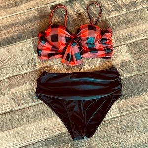 Dressfo red black plaid retro style high waist two piece swimsuit bikini 8